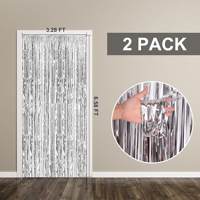 2 Pack Silver Foil Curtain Party Streamers Metallic Tinsel Foil Fringe Photo - Image 7