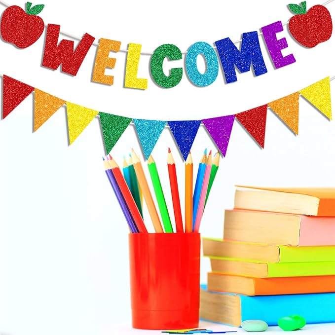 Glitter Welcome Banner with Apple Sign Colorful Glittery Pennant Banner Welcome - Image 4