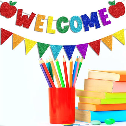 Glitter Welcome Banner with Apple Sign Colorful Glittery Pennant Banner Welcome - Image 4