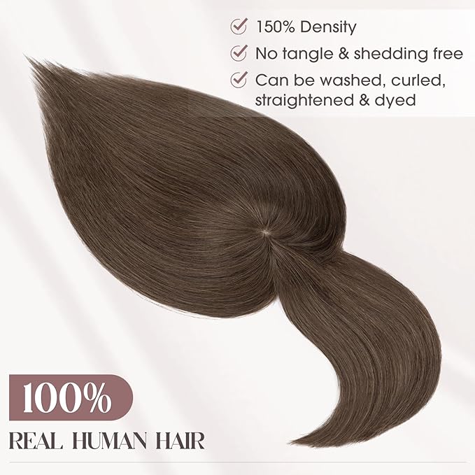 MY-LADY Human Hair Toppers for Women Real Human Hair with Bangs Thin 8.5 * 8.5CM Mono Base Clip in Remy Hairpieces Light Weight 14 Inch Dark Brown
