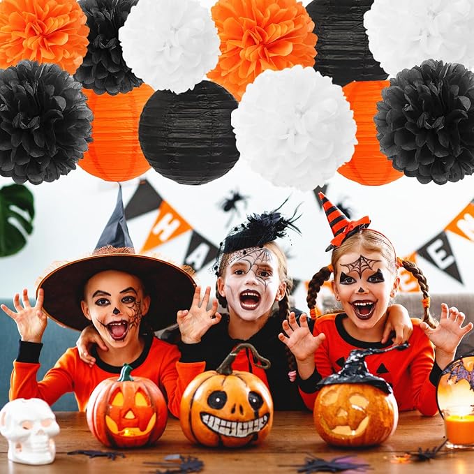 Orange-Black White Party-Decorations Paper-Flowers Lanterns - Image 5