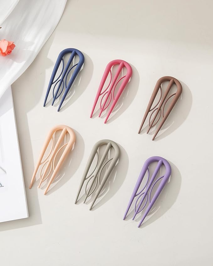 French Hair Pin for Women - U-Shaped Hair Fork for Updos, Chignons & French Twists, Durable Acrylic, Secure & Elegant Styling for All Hair Types (Dark 6 Colors (Matte))
