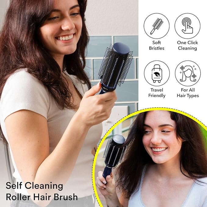 Detangler Brush for Women - Curly Hair Blow Dryer Round Brush for Blow Out - Self Cleaning Roller Retractable Travel Hairbrush - Navy Blue Christmas Gifts