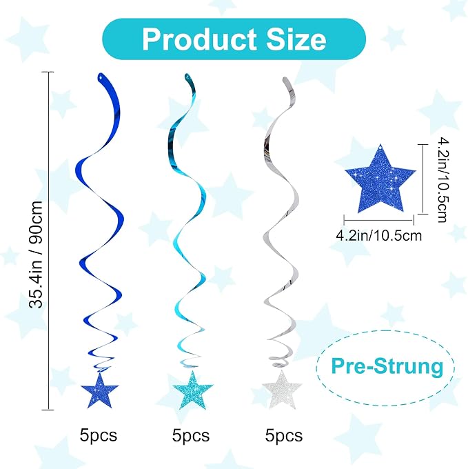 BEISHIDA Blue Blue Silver Pre-Strung Glitter Stars Hanging Swirls Hanging - Image 2