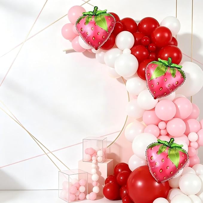 143pcs Red Pink and White Strawberry Balloon Garland Arch Kit | Latex Balloons - Image 4