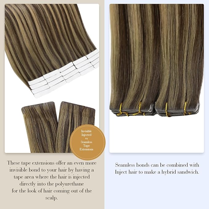 Full Shine Injection Tape in Hair Extensions Human Hair Color BM Virgin Tape in Extensions Seamless Invisible Skin Weft Hair Extensions Straight 22 Inch for Women Add Length 12.5Gram 5Pcs
