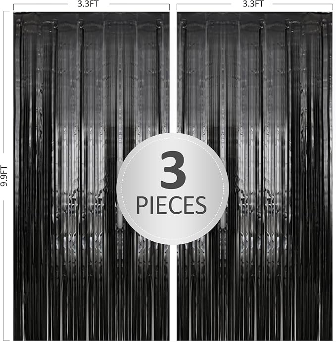 TenLaitech 3 Pack 3.3 x 9.9 ft Black Foil Fringe Backdrop Curtain, Streamer - Image 2