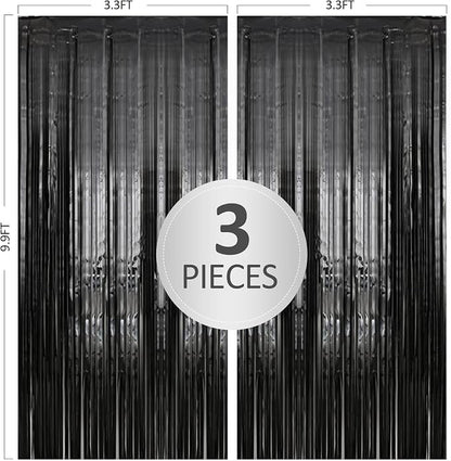 TenLaitech 3 Pack 3.3 x 9.9 ft Black Foil Fringe Backdrop Curtain, Streamer - Image 2