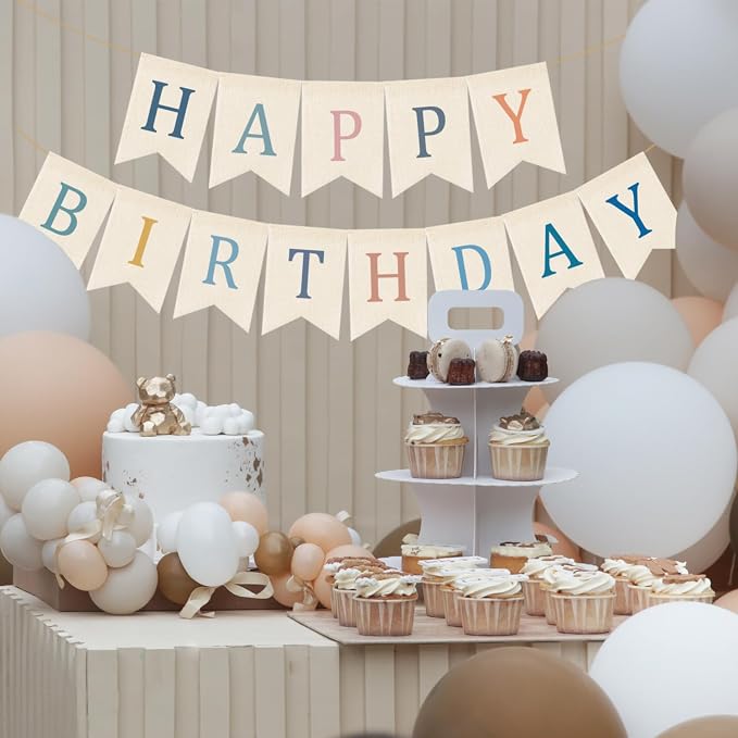 Doumeny Happy Birthday Burlap Banner Boho Birthday Bunting Garland Blue Pink - Image 3