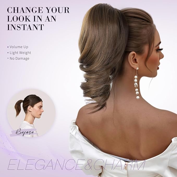 Claw Clip Ponytail Extension - 12 Inch Curly Ponytail Extension, Wavy Pony Tails Hair Extensions, Synthetic Hair Extensions Ponytail, Clip On Ponytails for Women (Dark Ash Blonde With Golden Ends)