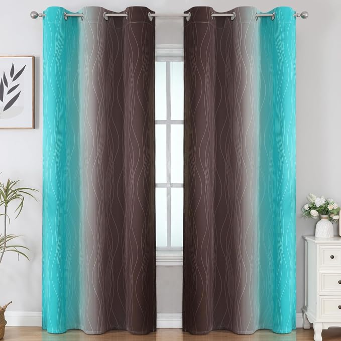 Brown and Teal Room Darkening Blackout Curtains 84 Inch Length 2 Panels Set - Image 2