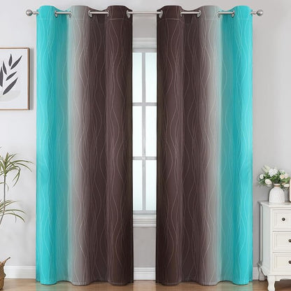 Brown and Teal Room Darkening Blackout Curtains 84 Inch Length 2 Panels Set - Image 2