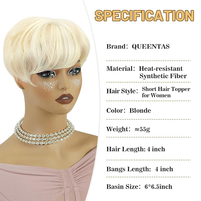 QUEENTAS Short Blonde Hair Toppers for Women with Thinning Hair Piece 360°3D Cover with 5 Clips Wispy Bangs 6.5"*6" Large Coverage Synthetic Hairpieces for Men(Mixed Blonde/#613)
