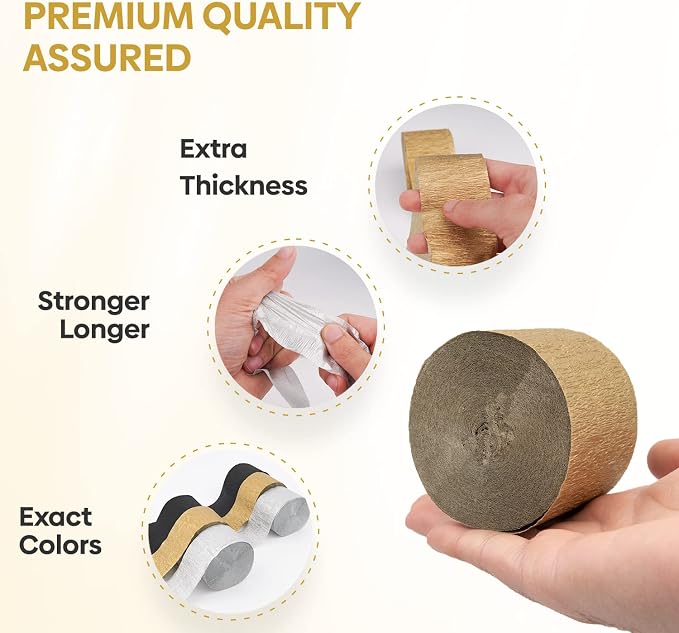 6 Black Gold Streamers, 492ft Pack of Crepe Paper Party Decorations | Each roll - Image 4