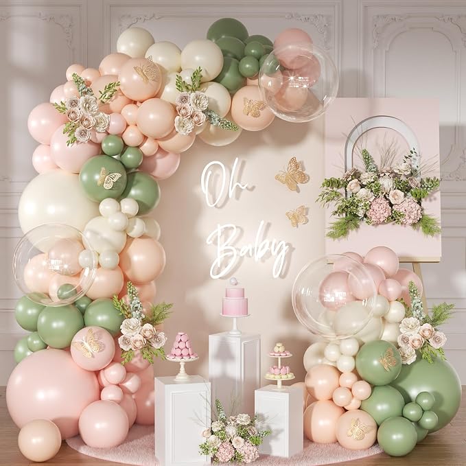 Pink Green Balloon Arch Kit, Baby Shower Birthday Decor | 131Pcs Dusty Pink by NUTTYBASH