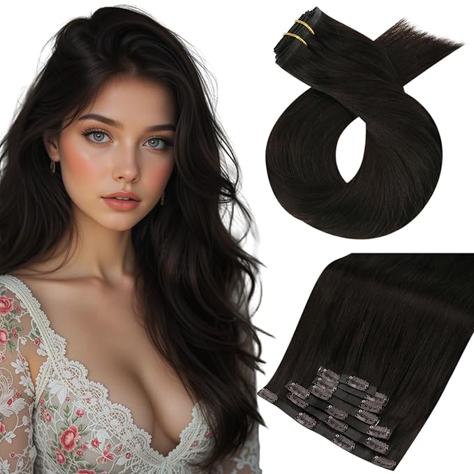 Moresoo Brown Seamless Clip in Hair Extensions Real Human Hair Straight Clip in Human Hair Extensions Dark Brown Double Weft 120g/7pcs 20 inch