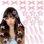 24Pcs Pink Mini Bow Hair Clips Y2K Star Snap Hair Barrettes Water Drop No Slip Hair Clips for Women Small Hair Bows Cute Bowknot Star Hair Pins Accessories for Girls