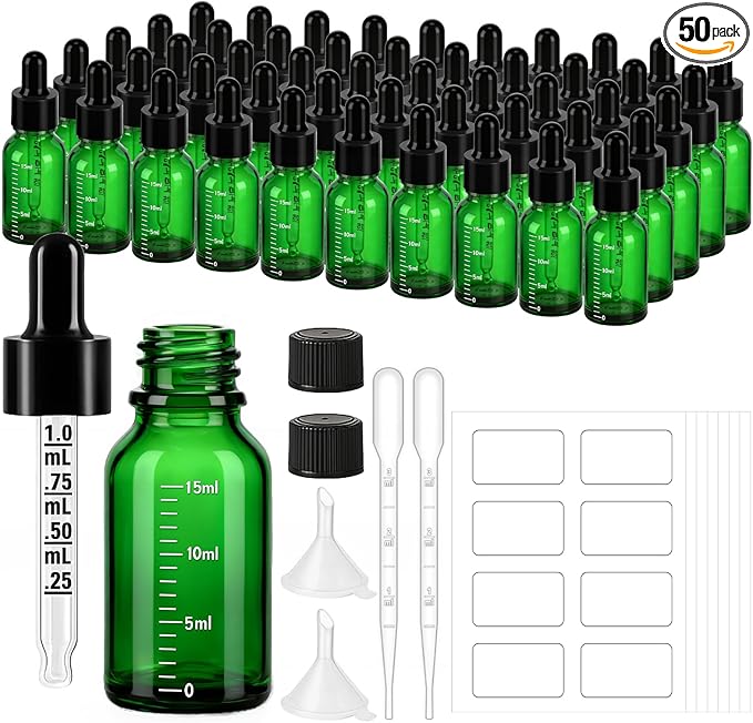 50 Pcs 1/2oz Green Glass Dropper Bottles with Measurement, 30ml Leakproof Tincture Bottles with Funnels, Eye Droppers, Extra Caps & Labels, Refillable Empty Bottles for Tinctures, Essential Oils