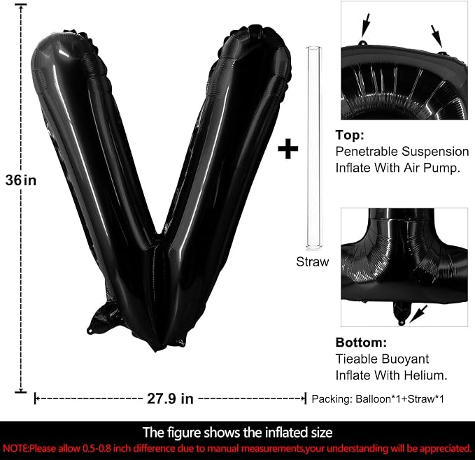 Lovoir 40 Inch Large Black Letter V Balloons Big Size Jumbo Mylar Foil Helium - Image 2