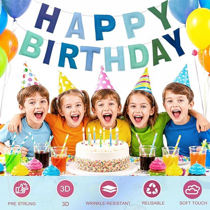 Felt Happy Birthday Banner, Pre-Strung 3D Blue and Green Birthday Banner | - Image 4