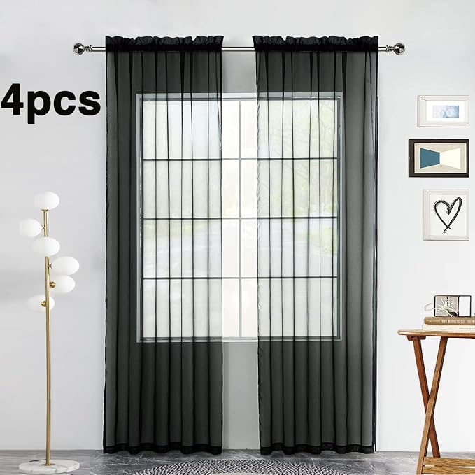 SpaceDresser Black Sheer Curtains 4 Panels Rod Pocket Semi-Sheer Curtain 72 - Image 2