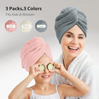 YFONG 3 Pack Microfiber Hair Towel Wrap for Women Girls, Super Absorbent Turban Towels for Drying Wet Hair, Anti Frizz Head Towels for Curly All Hair Style, Turbie Twist (Pink,White, Gray)