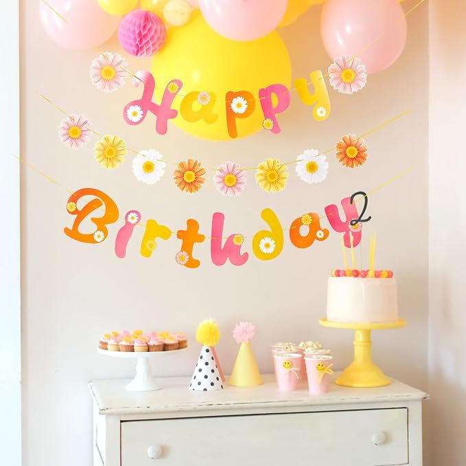 SUNBEAUTY Flower Daisy Happy Birthday Banner Groovy Party Banners Groovy Party - Image 5