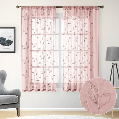 HOMEIDEAS Blush Pink Floral Sheer Curtains 63 Inches Long 2 Panels Embroidered by HOMEIDEAS