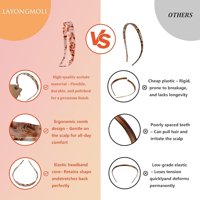 Acetate Hairbands for Women - Non-Slip Thin Headbands with Teeth, Eyewear-Friendly Design, 90s Retro Hair Accessories, No Pressure & No Headache Sunglasses Headband (Amber Brown)