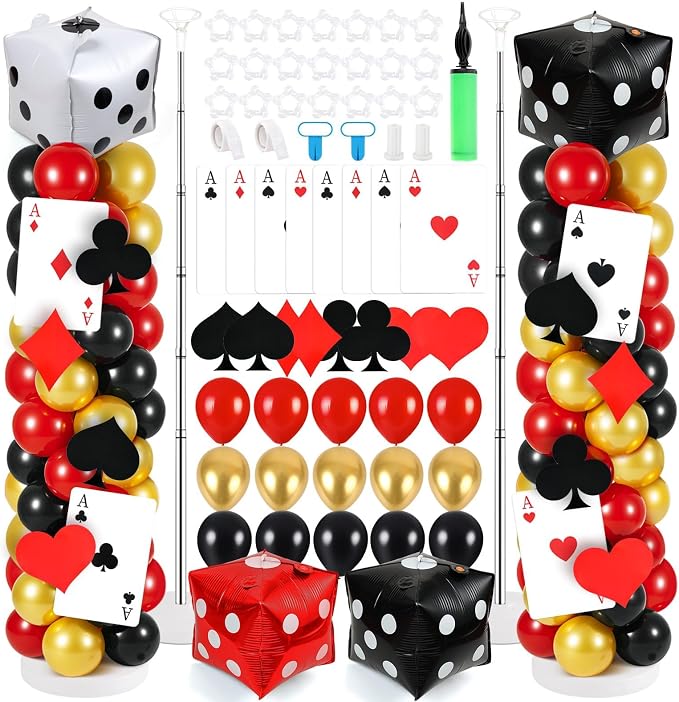 2 Sets Casino Theme Balloon Column Stand Kits Red Black Gold Balloons Column Kit by Unknown