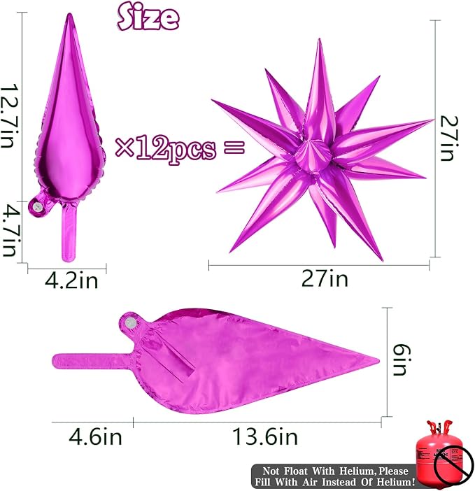60 PCS Hot Pink Star Balloons, 12 Point cone Spike Explosion Star Foil Balloons - Image 2