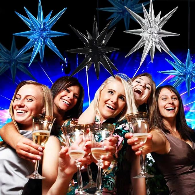 TONIFUL 8Pcs Blue Black Silver Explosion Star Foil Balloon Party Decoration | - Image 6