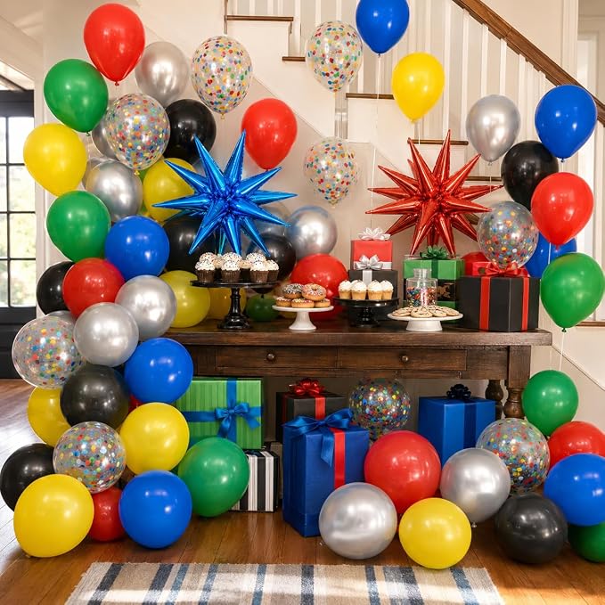 Black and Red Yellow Blue Balloons, 12 Inch Black Red Yellow Blue Green - Image 4