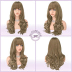 Haloo Brown Blonde Wigs with Bangs Long Wavy Layered Haircut Natural Looking Fluffy Synthetic Heat Resistant Hair Wig for Women Daily Party, 24 Inch Brown Mixed Blonde