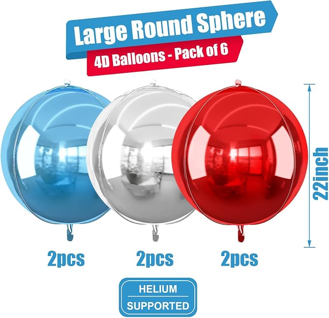 6Pcs Red Blue Silver Round Foil Balloons, 22inch 4D Metallic Balloons, Large - Image 2