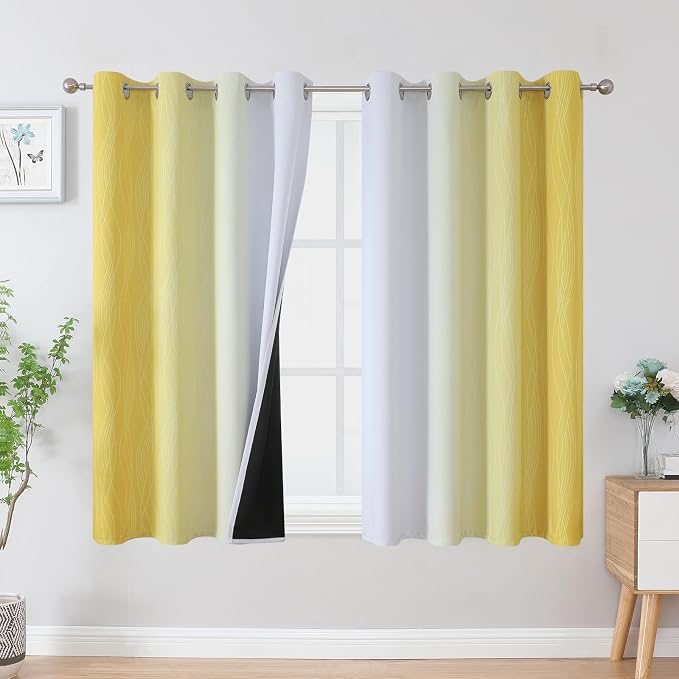 Yellow and Greyish White Blackout Curtains 45 Inch Length, Light Blocking by ESTELARTEXTILER