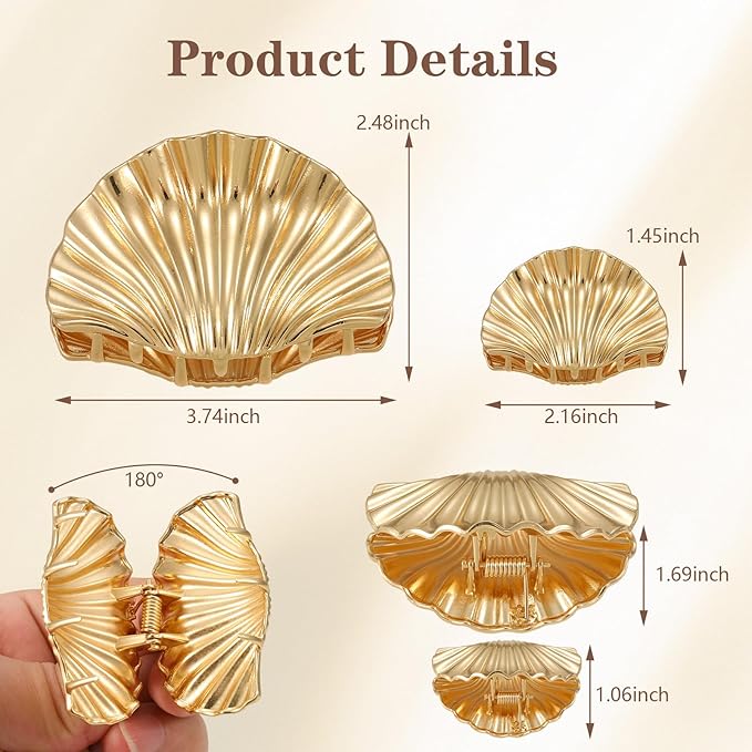 2 PCS Metal Hair Clips for Women, Durable & Elegant Seashell Gold Hair Clips for Styling, Metal Claw Clips for Thick Thin Hair, Strong Hold Decorative Hair Accessories Holiday Christmas Gifts