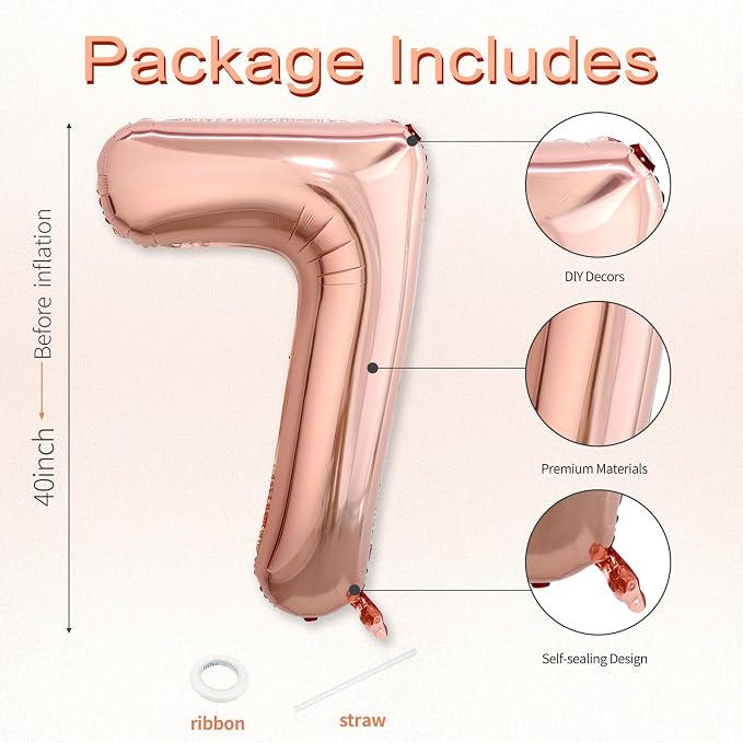 40 Inch Rose Gold Number 7 Balloon, Giant Number Balloons, Birthday Decor | - Image 3