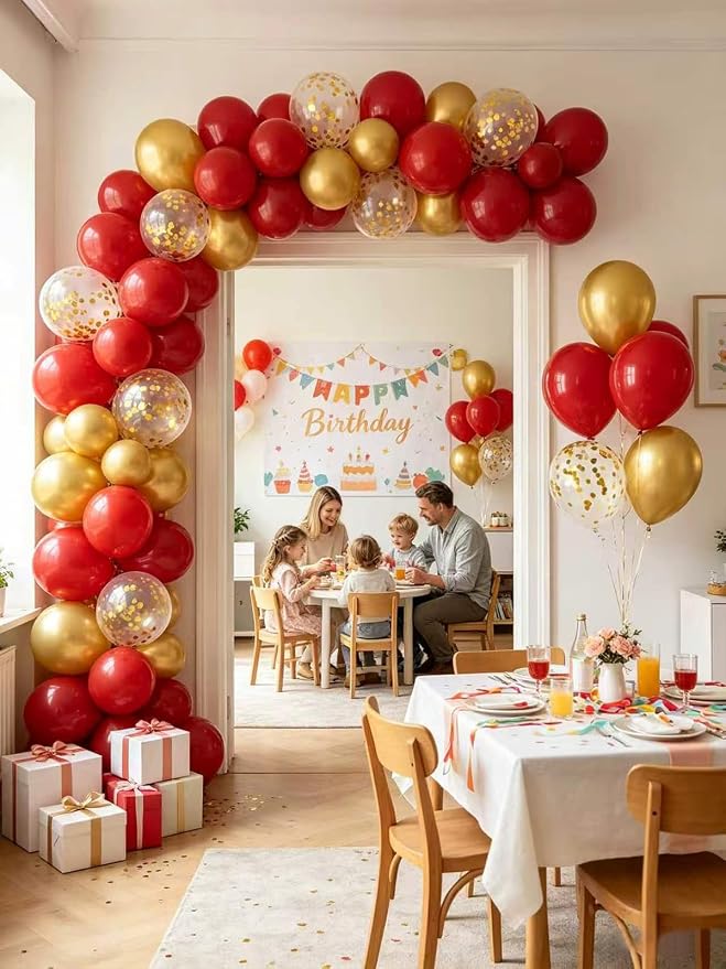 Red and Gold Balloons 60 Pcs 12 Inch Red Burgundy Latex Metallic Gold Confetti - Image 2
