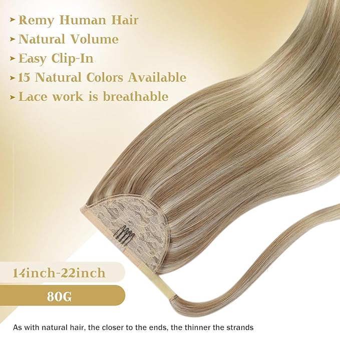Ve Sunny Hair Extensions Ponytail Real Human Hair 80G Wrap Around Clip in Ponytail Hair Extensions Straight Extensions Human Hair for Women Dark Blonde Highlights Golden Blonde 14inch