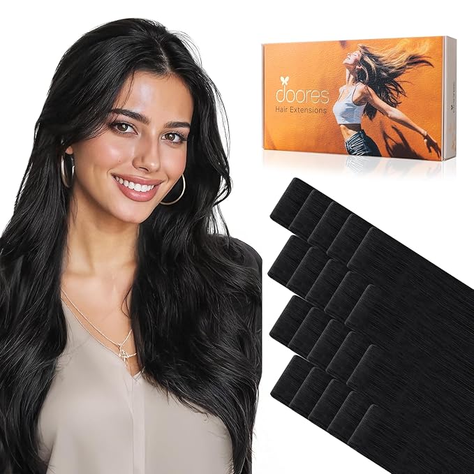 DOORES Seamless Human Hair Tape in Extensions Invisi Edge, Jet Black 10 Injection Tape-ins with 10 Injection Tape-ins 50g 20 Inch, Virgin Human Hair Injected Tape in Extensions