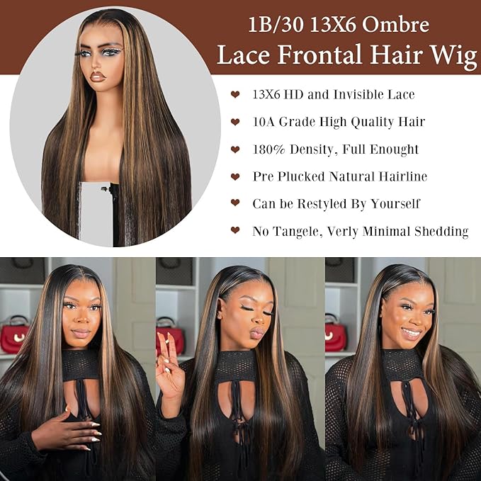 Ombre Lace Front Wig Human Hair 1B/30 Highlight Straight Wigs 13X6 Transparent Lace Frontal Glueless Wigs Honey Blonde Colored Human Hair Pre Plucked for Women 26inch