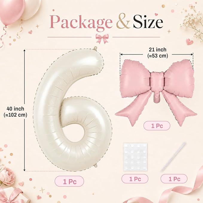 Cream 6 Balloons with Pink Bow Balloons, 40 Inch Giant Self Inflating Beige - Image 2