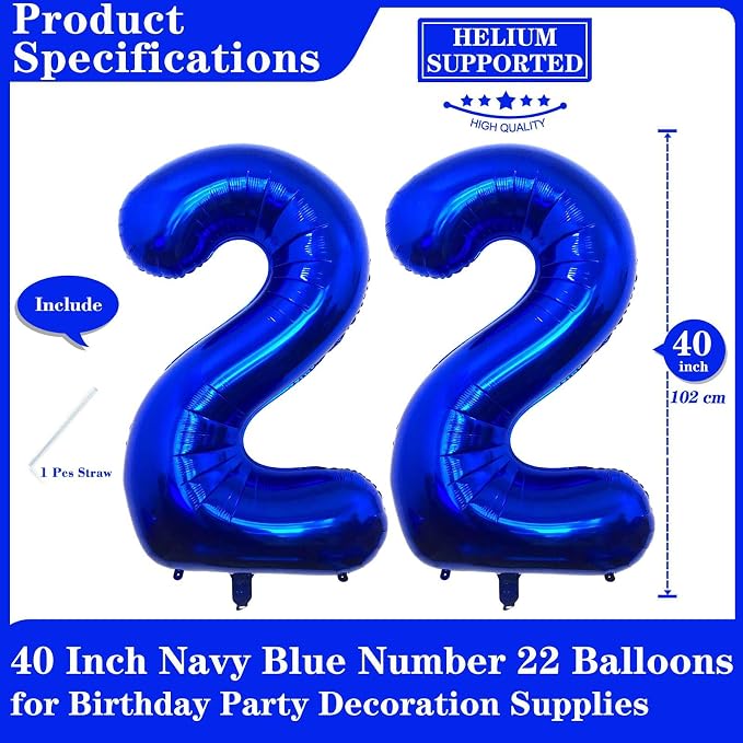 Navy Blue 22 Number Balloons, 40 Inch Giant Number 22 Balloons Foil Mylar - Image 2