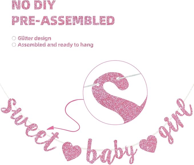 BEISHIDA Pre-Strung Glitter Pink Girl Baby Banner Baby Shower Decor | NO DIY - Image 3