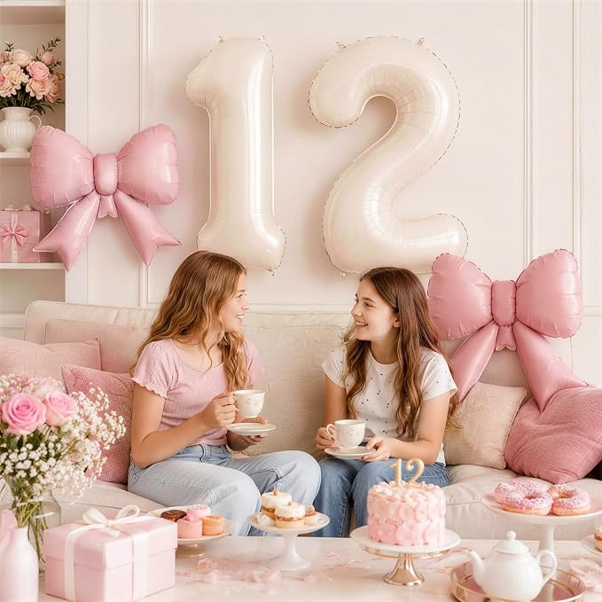 Cream 2 Balloons with Pink Bow Balloons, 40 Inch Giant Self Inflating Beige - Image 4