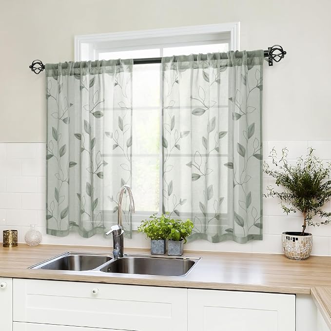 HOMEIDEAS Sage Green Sheer Kitchen Curtains 30 X 36 Inch Length 2 Panels by HOMEIDEAS