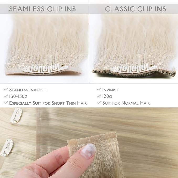 WENNALIFE Seamless Clip In Hair Extensions Human Hair, 12 Inch 80g 7pcs Ombre Ash Blonde to Golden Blonde Balayage Platinum Blonde Remy Hair Invisible PU Skin Weft