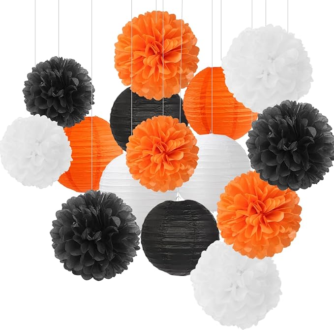 Orange-Black White Party-Decorations Paper-Flowers Lanterns by Hugfond