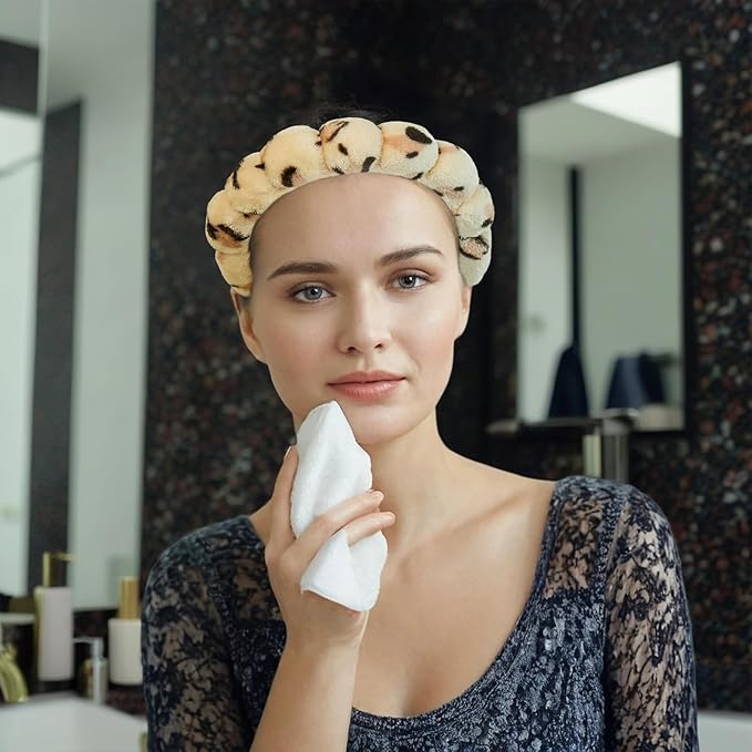 7 Pcs Spa Set, Facial Headband and Wristband Set, Skincare Accessories, College Style Girl Idea Gifts, Hair Accessories for Women and Girls（Leopard）